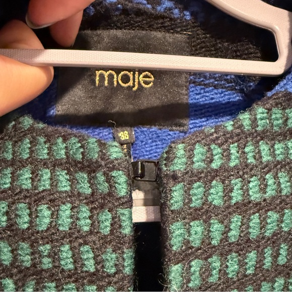 Maje Women’s Striped Woven Blazer Jacket Blue Green Black Wool Blend Size 36